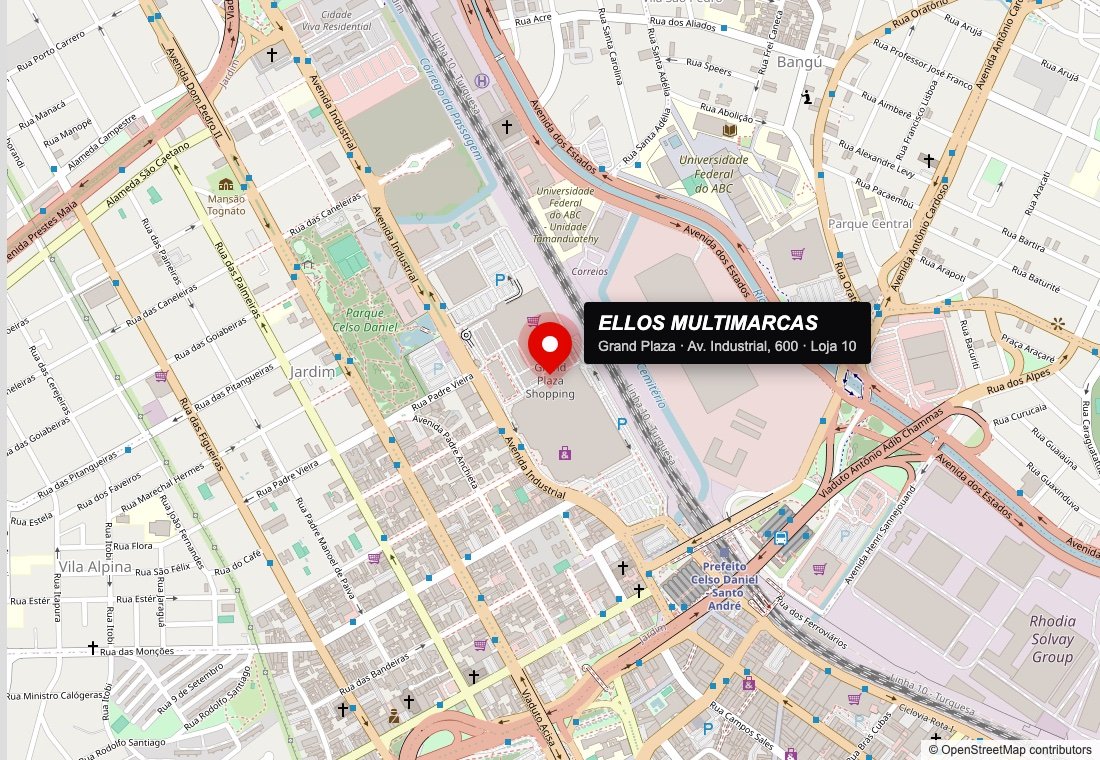 Mapa com a localização da Ellos Multimarcas no Grand Plaza Shopping, Av. Industrial, 600, Santo André